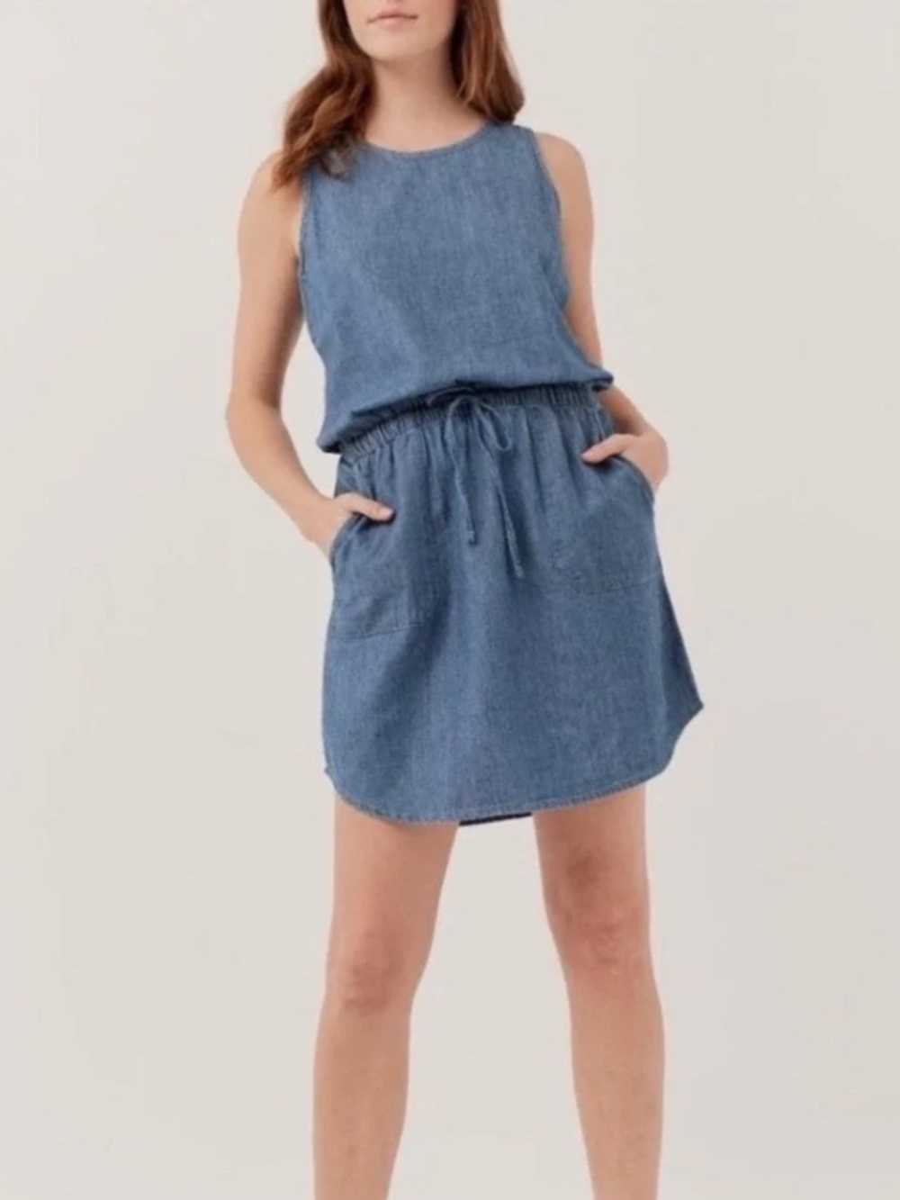 Pact Womens Blue Organic Cotton Chambray Sleeveless Drawstring Waist Dress Small